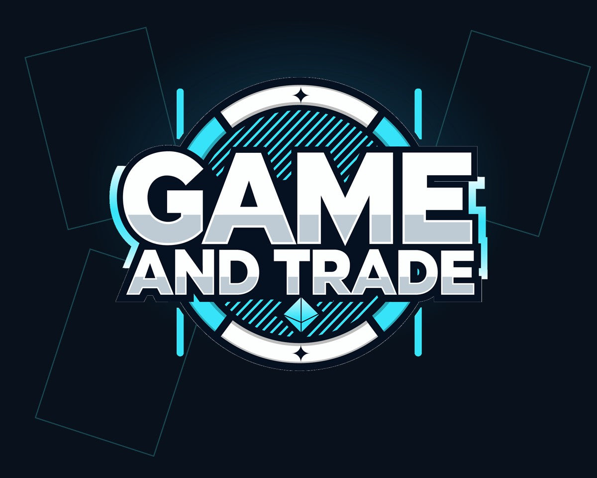 Game and Trade-logo mot mørk blå bakgrunn med samlekortkonturer